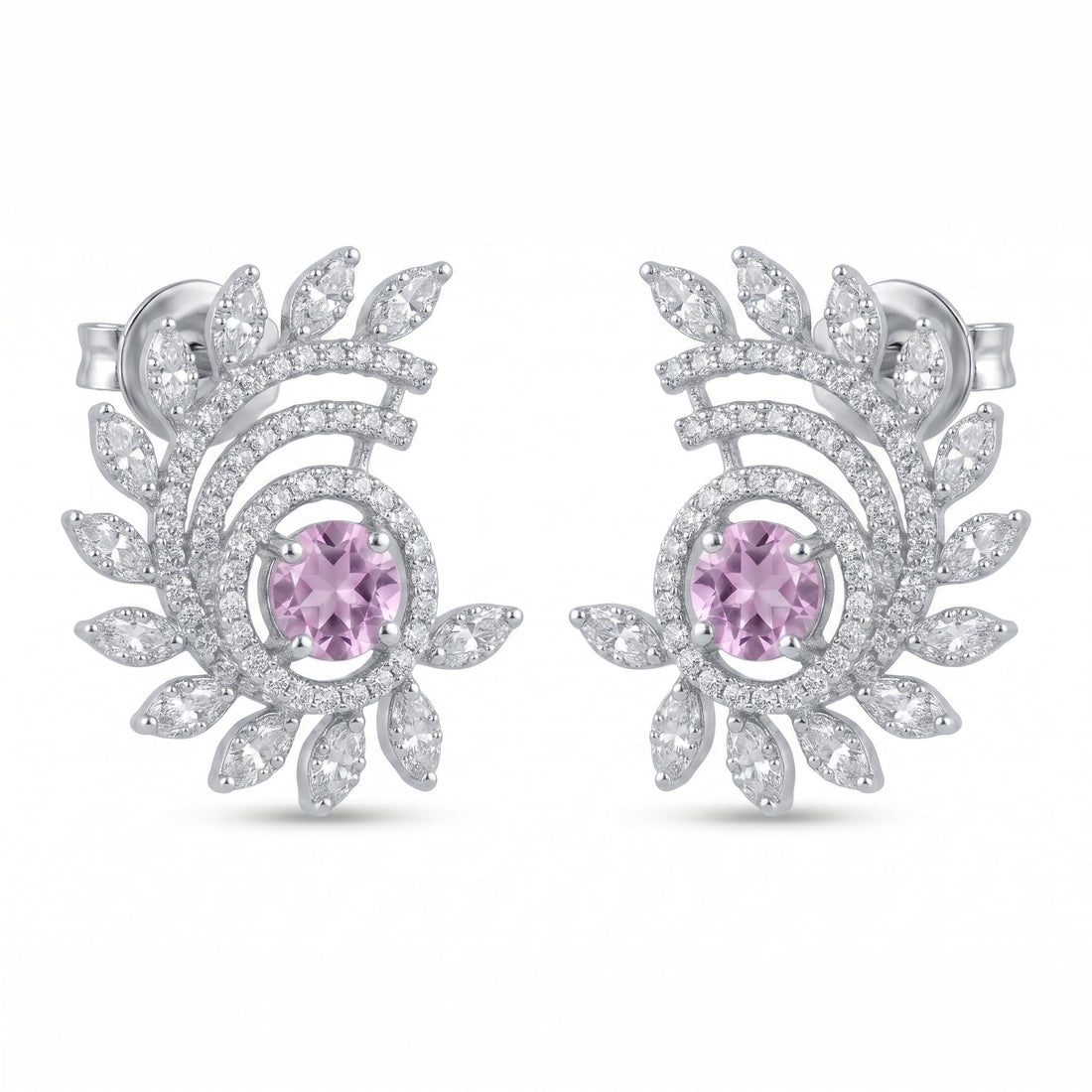 Pink-Centre Feather-Leaf Stud Earrings, front product view