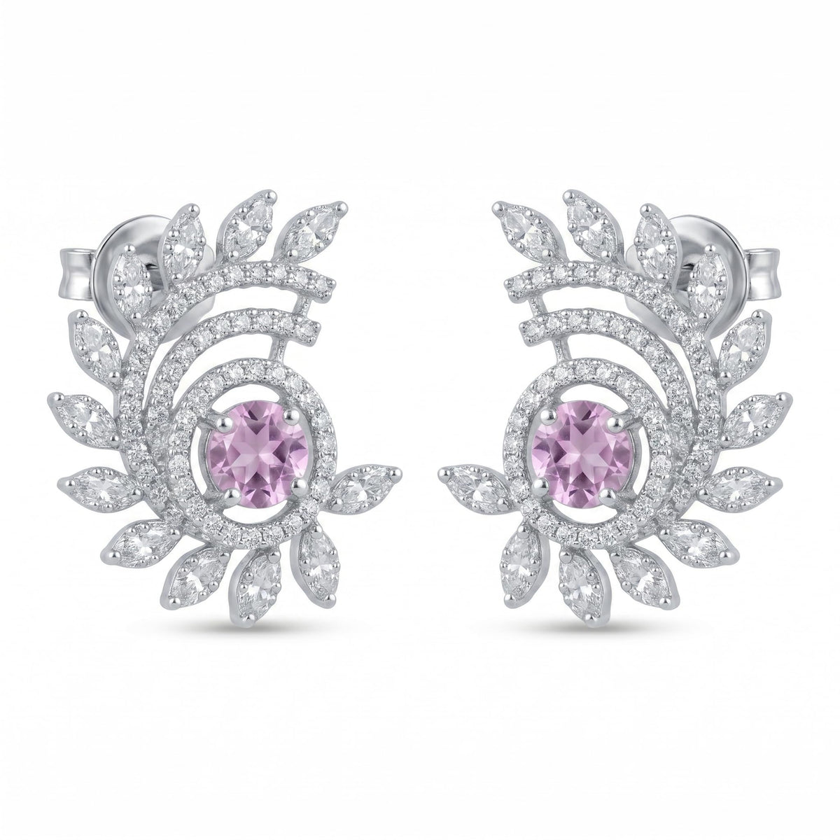 Pink-Centre Feather-Leaf Stud Earrings, alternate angle