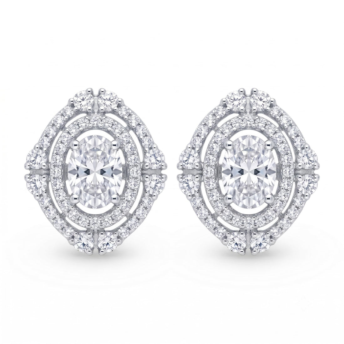 Double Halo Oval Stone-Set Solitaire Stud Earrings, front product view