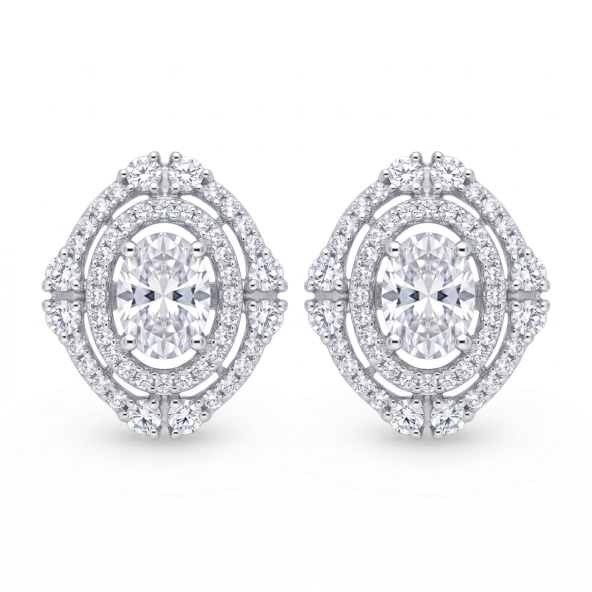 Double Halo Oval Stone-Set Solitaire Stud Earrings, front product view