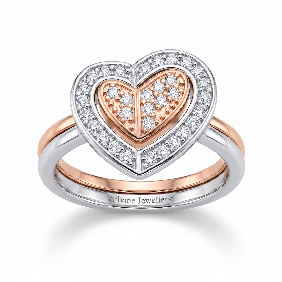 Silvme Heart Halo with cubic zirconia 925 sterling silver heart ring for women, two-tone rose gold and silver, band ring for women, pave ring silver, close-up design detail