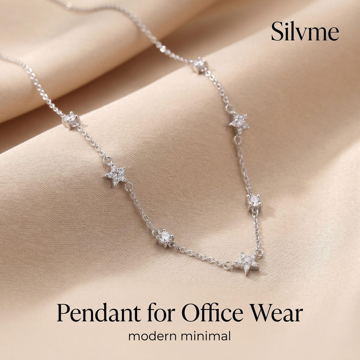 Detailed star station styling on the Silvme Star Station Pendant Necklace in polished 925 sterling silver