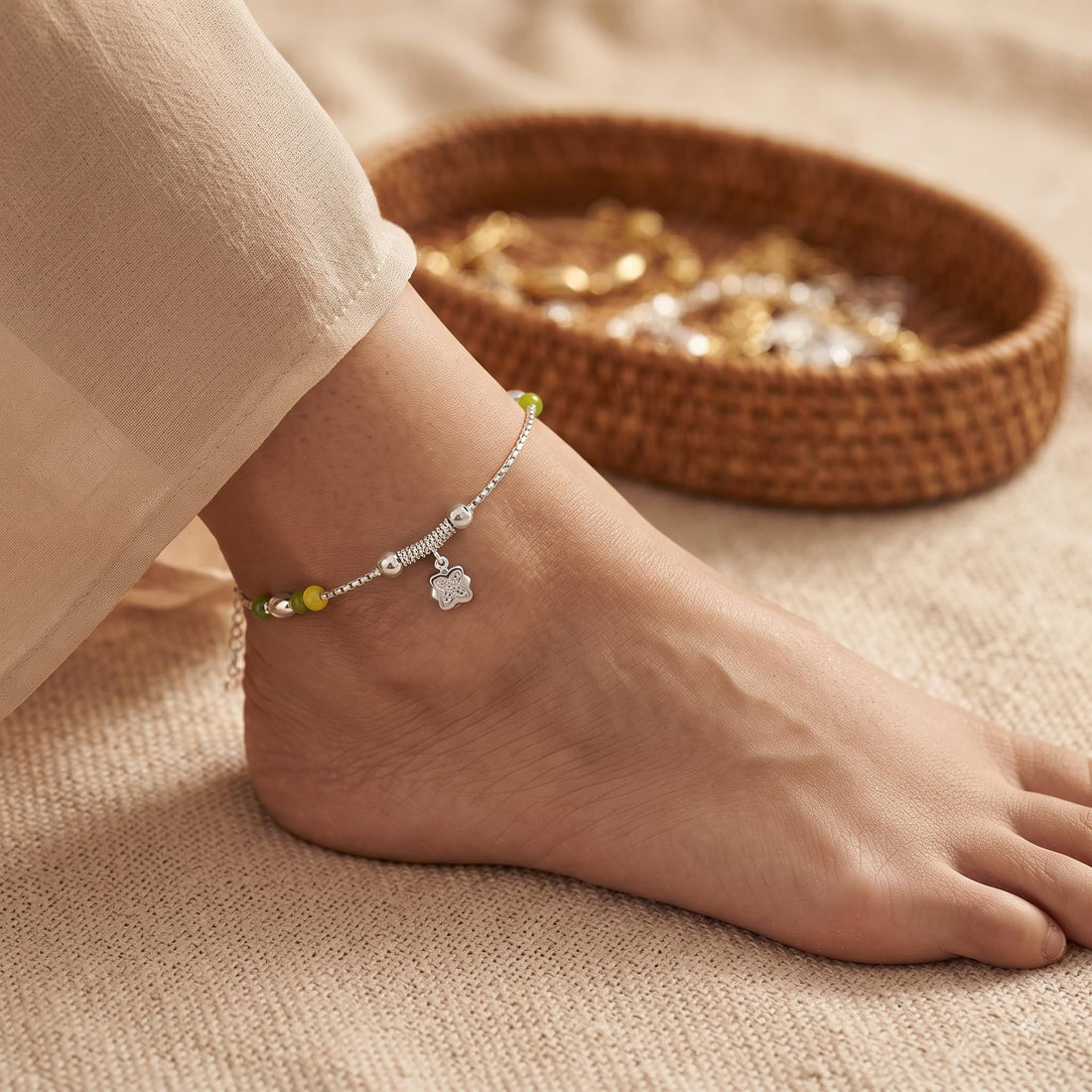 Silvme 925 sterling silver green & yellow bead CZ charm anklet with green and yellow beads with a CZ charm, white background full view