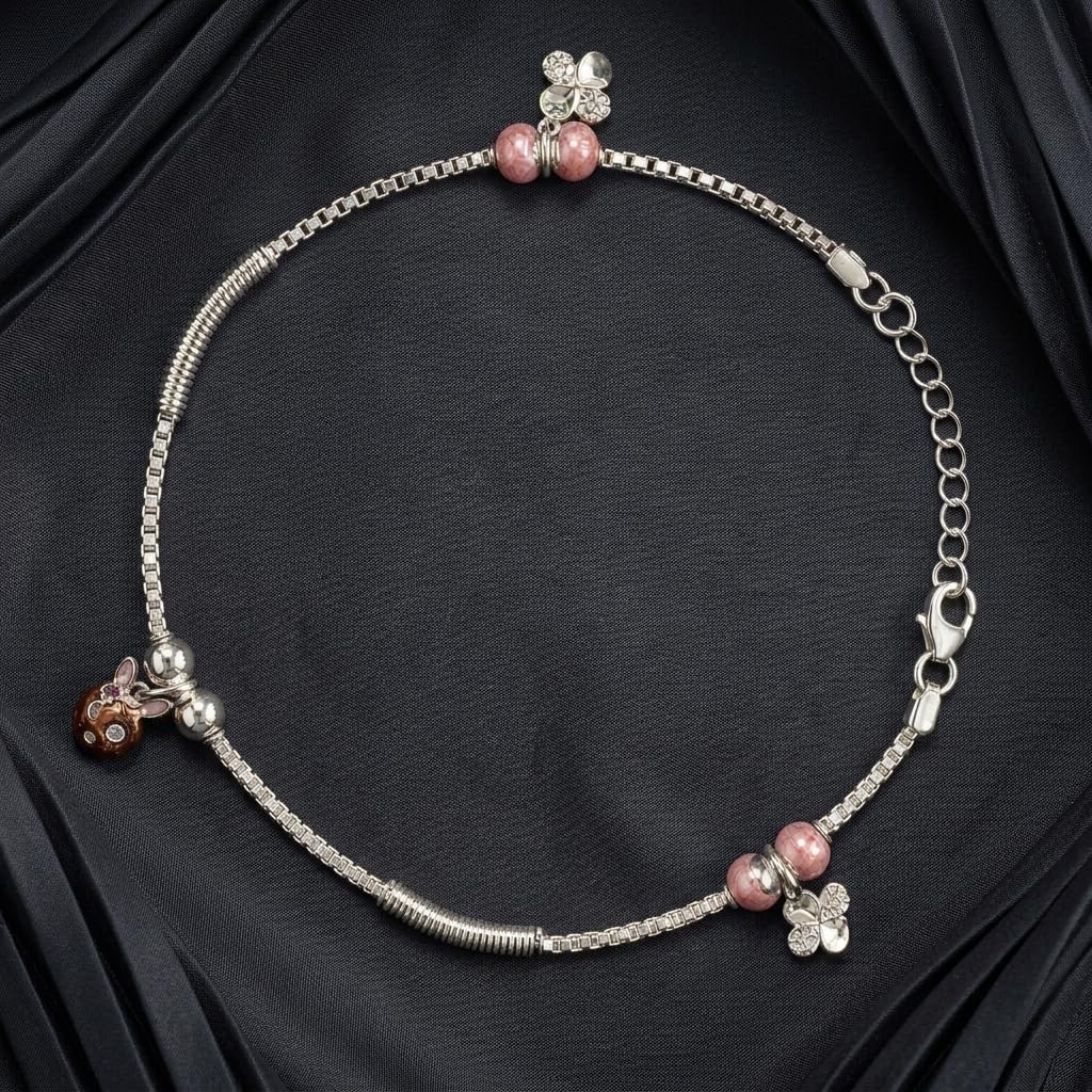 Additional detail view of the Silvme pink bead & rose-gold floral 925 silver anklet payal (8)