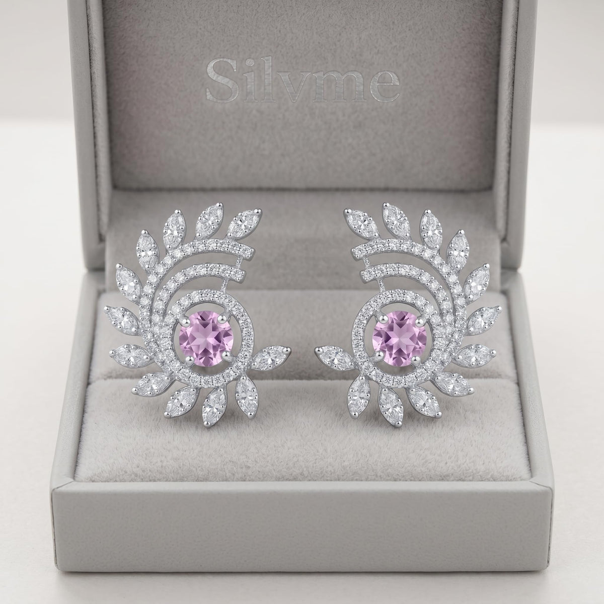 Pink-Centre Feather-Leaf Stud Earrings, close-up detail