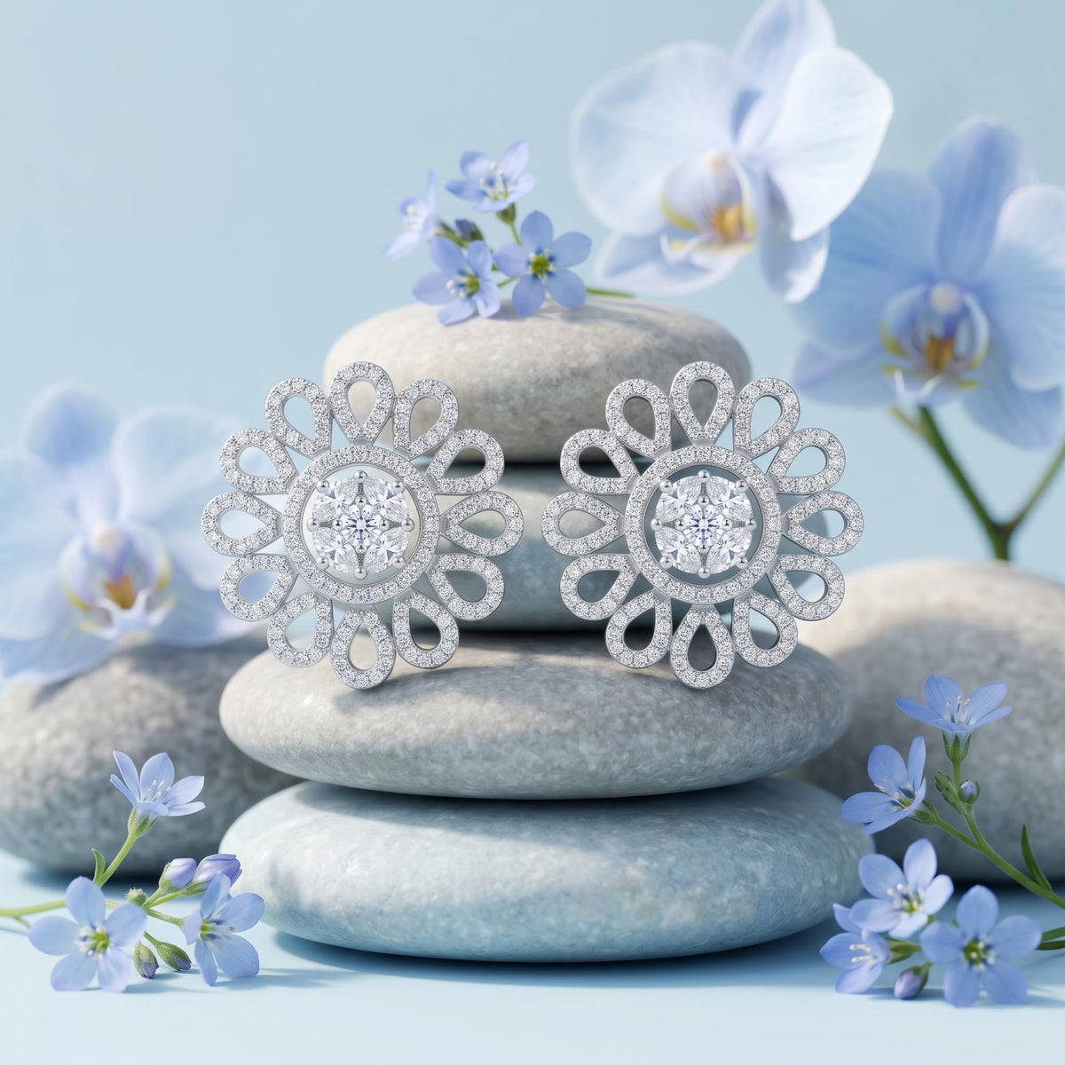 Petal Lattice Stone-Set Solitaire Round Stud Earrings, additional product view 8