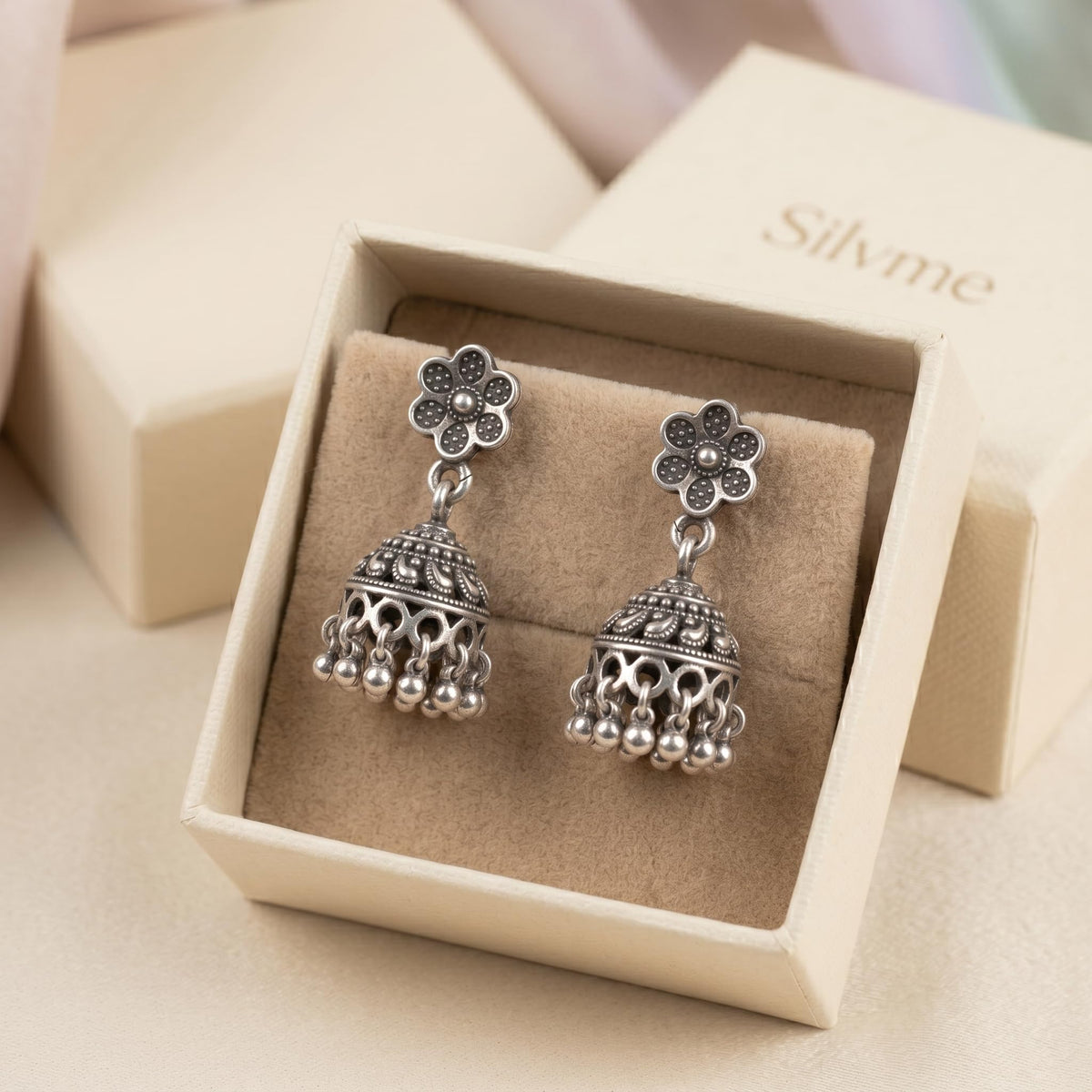 Oxidised Floral Jhumka Earrings, additional product view 3