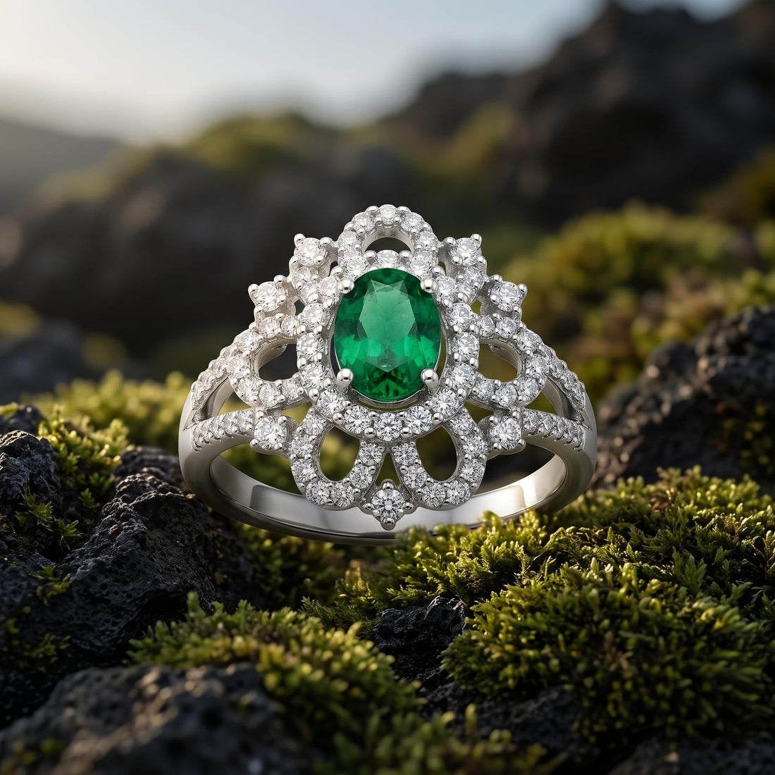 Silvme Green Floral Lace Statement 925 sterling silver ring for women — front view on white background