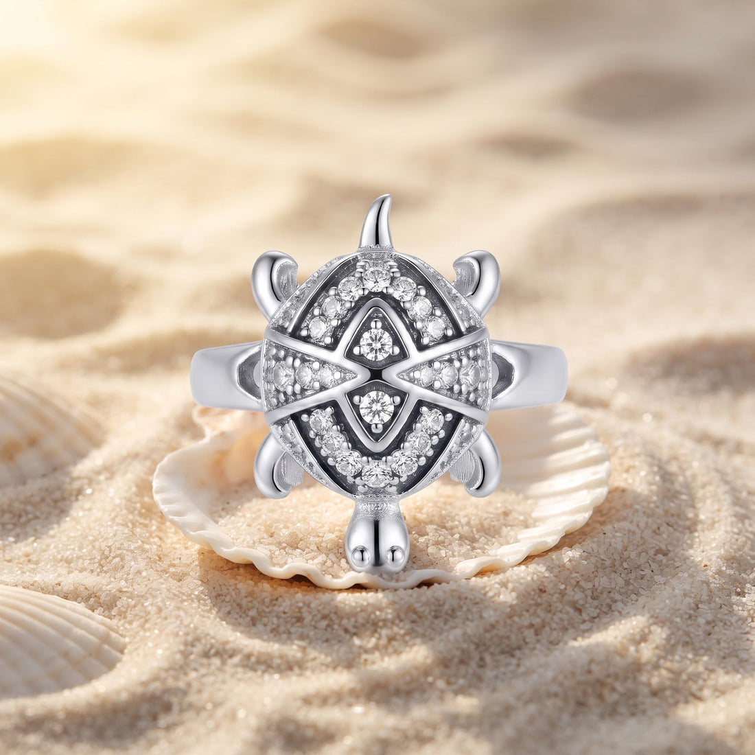 Silvme infinity shell turtle 925 sterling silver ring for women with interlaced infinity-pattern stone shell