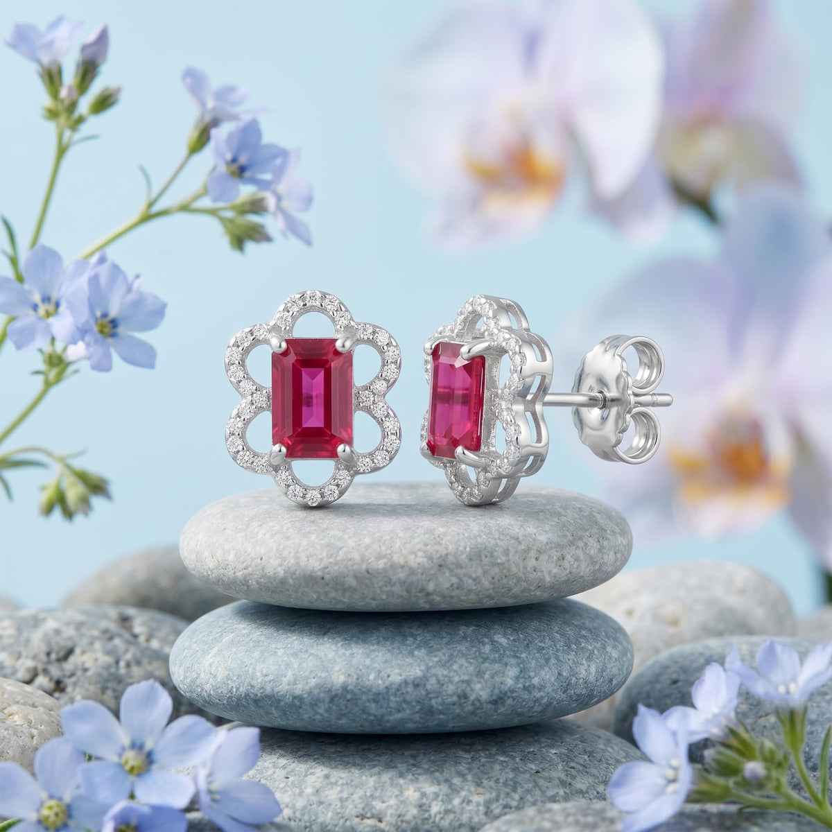 Pink Baguette Floral-Frame Stud Earrings, additional product view 5