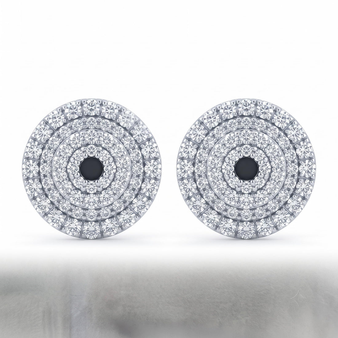 Halo Disc with Black Centre 925 silver stud earrings for women, gift for sister, shown as a matching pair
