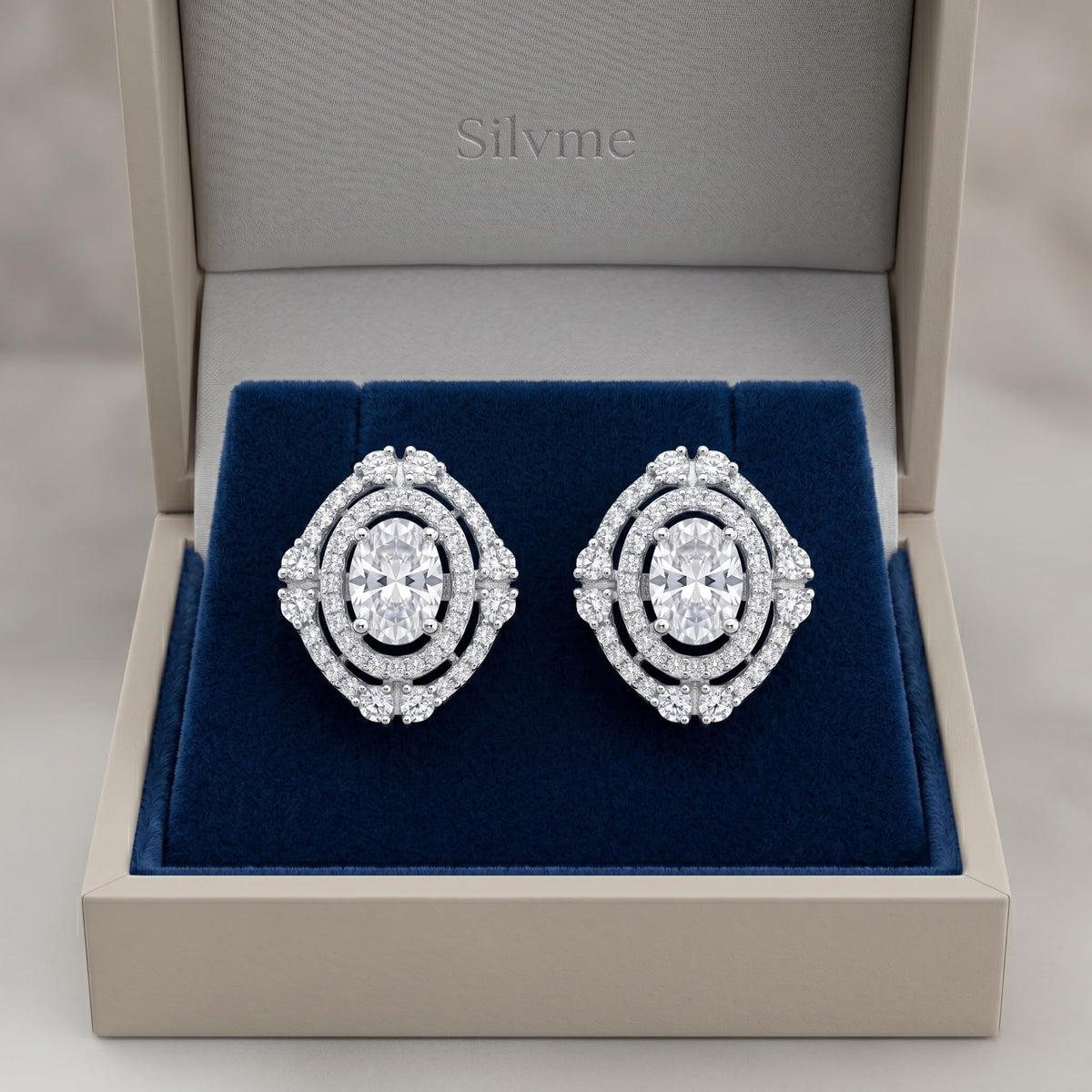 Double Halo Oval Stone-Set Solitaire Stud Earrings, additional product view 5