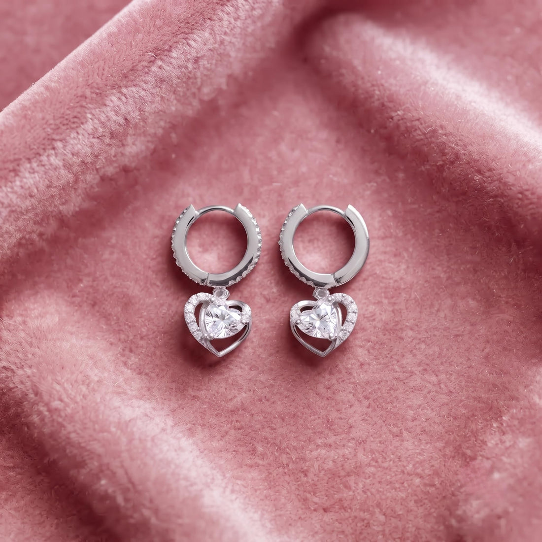 Silvme 925 Sterling Silver Heart CZ Drop Earrings for women - white-background product photo of silver drop earrings