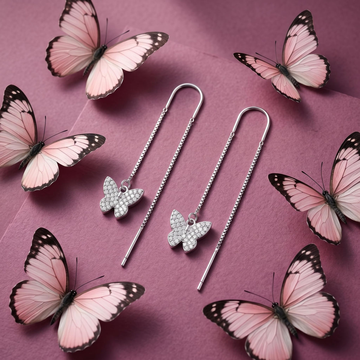 Stone-Set Butterfly Charm Threader Earrings, additional product view 3