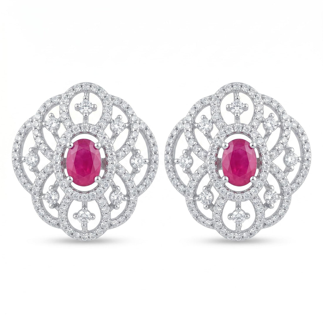 Pink Oval Filigree-Halo Stud Earrings, front product view