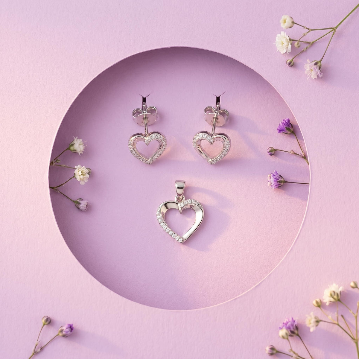Silvme 925 silver dainty heart pendant and stud earrings with cubic zirconia, lifestyle gift image