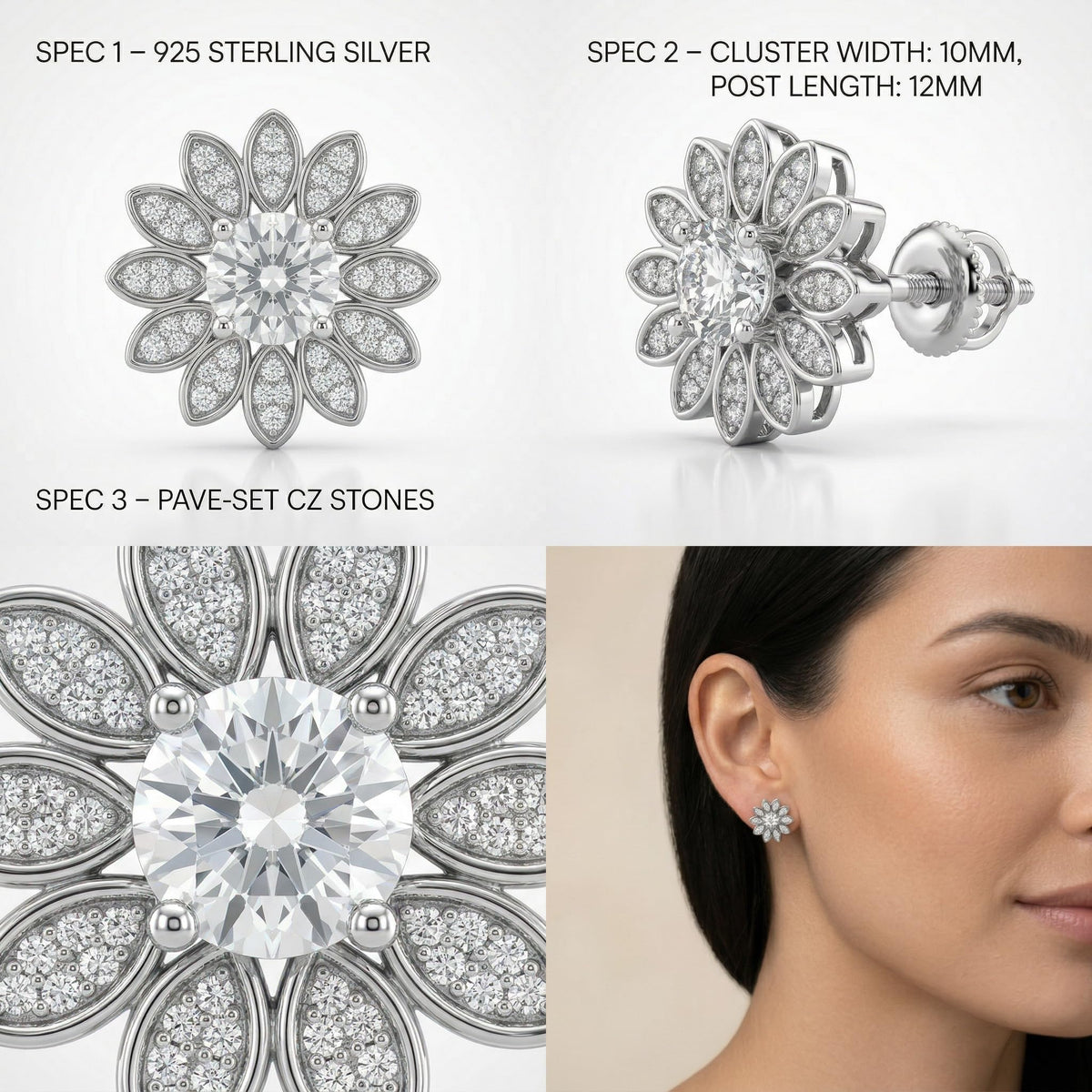 SILVME Petal Cluster Micro-PavÃ© Stone-Set Stud Earrings