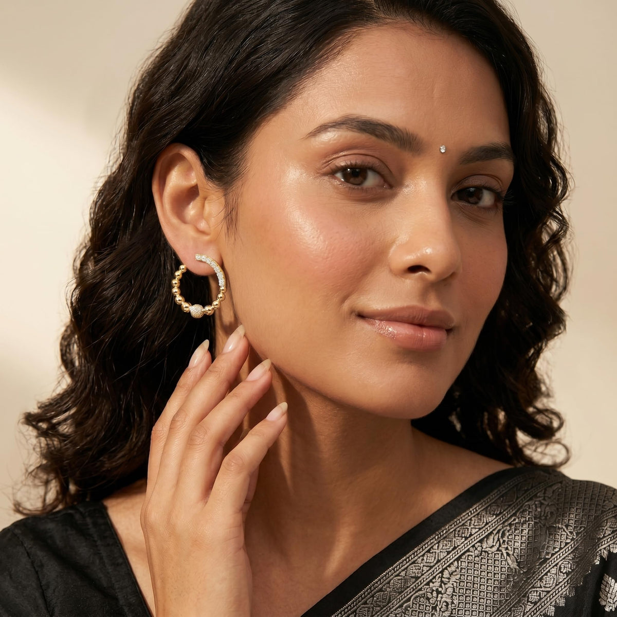 SILVME 925 Sterling Silver Gold-Tone Beaded Hoop Stone-Set Ball Earrings