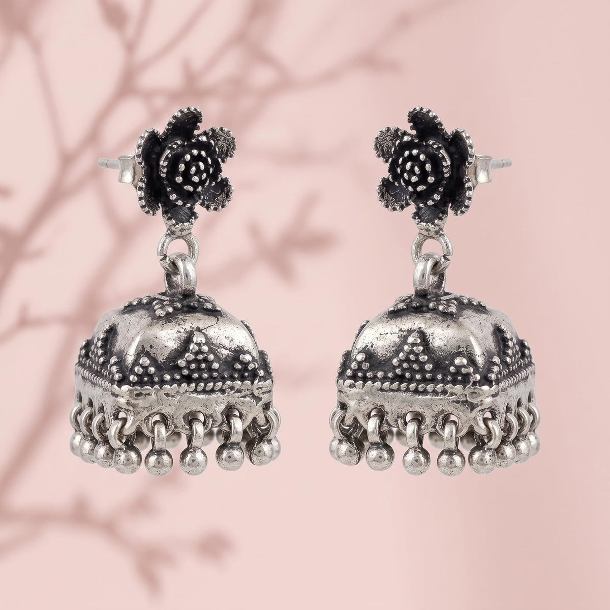 SILVME 925 Sterling Silver Traditional Oxidised Jhumka Earrings