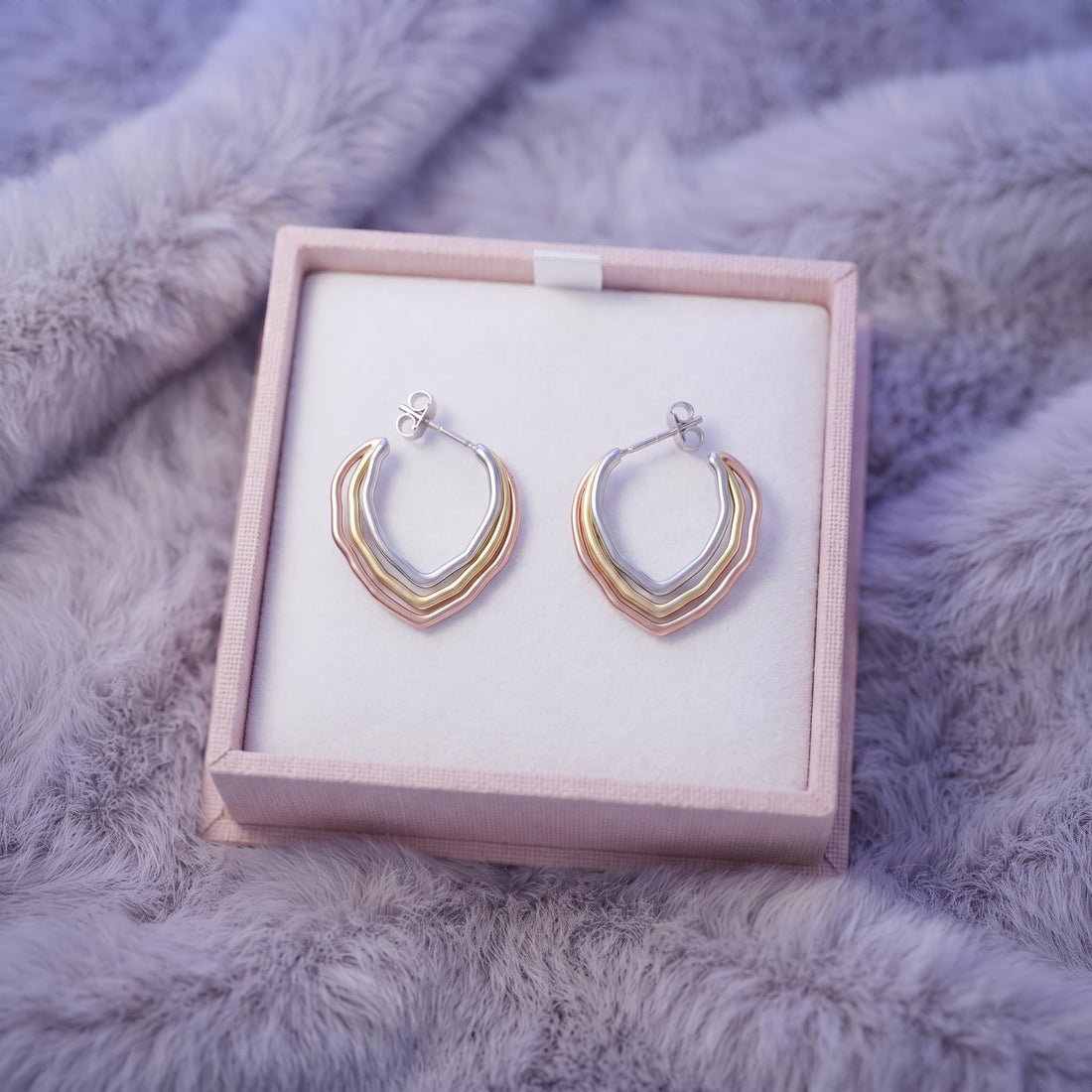 Tri-Tone V Hoop 925 silver hoop earrings for women, gift for wife, shown as a matching pair