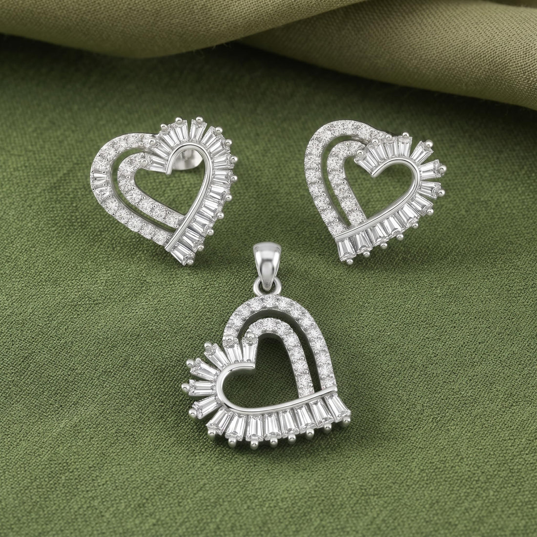 Baguette Heart 925 sterling silver pendant and stud earrings jewellery set with cubic zirconia by Silvme â€” lifestyle gift image