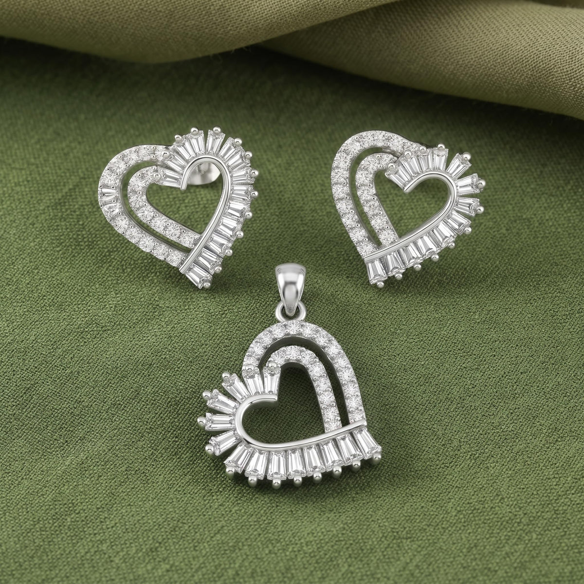 Silvme pure 925 sterling silver baguette heart pendant and stud earrings set with cubic zirconia, styled setting image