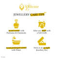 A digital infographic titled 'JEWELLERY CARE TIPS' by the brand Silvme, featuring four yellow icons and text instructions on how to care for jewellery: avoiding contact with perfumes and chemicals, wiping with a soft cloth after use, avoiding prolonged contact with water, and storing in an air-tight box.