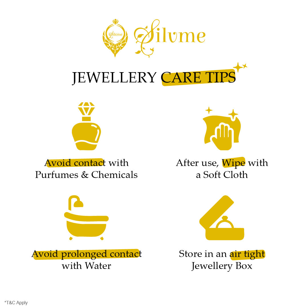 A digital infographic titled 'JEWELLERY CARE TIPS' by the brand Silvme, featuring four yellow icons and text instructions on how to care for jewellery: avoiding contact with perfumes and chemicals, wiping with a soft cloth after use, avoiding prolonged contact with water, and storing in an air-tight box.