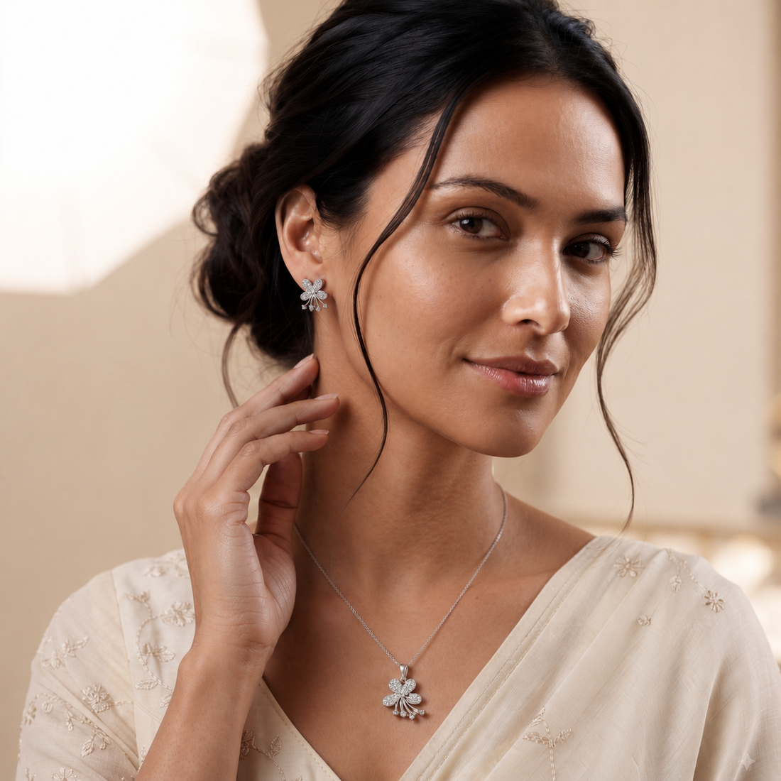 Silvme Pure 925 Sterling Silver Blossom Spray Pendant & Drop Stud Earrings Set for Women & Girls | Cubic Zirconia Jewellery Set | Anniversary Gift for Girlfriend