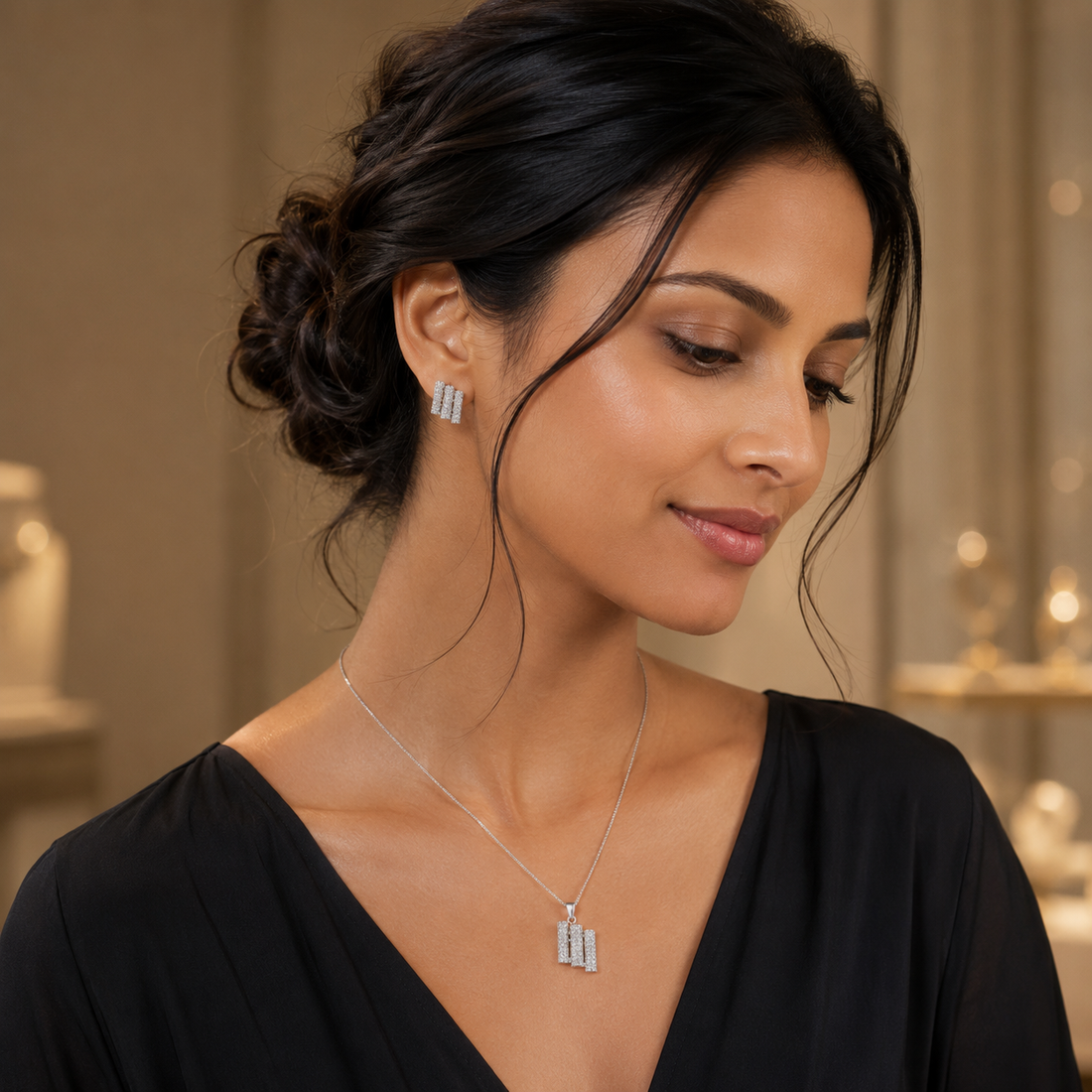 Silvme Pure 925 Sterling Silver Triple Bar Pendant & Stud Earrings Set for Women & Girls | Cubic Zirconia Jewellery Set | Office Wear Gift for Sister