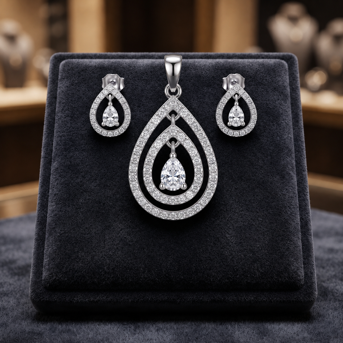 Silvme Pure 925 Sterling Silver Teardrop Halo Pendant & Drop Stud Earrings Set for Women & Girls | Cubic Zirconia Jewellery Set | Anniversary Gift for Wife