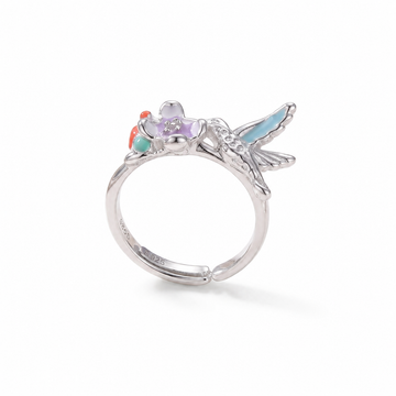 925 Sterling Silver Hummingbird Flower Adjustable Ring