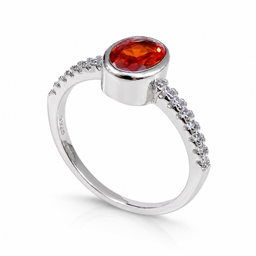 Silvme oval red stone pave 925 sterling silver ring for women with oval red centre stone on a pave-set band