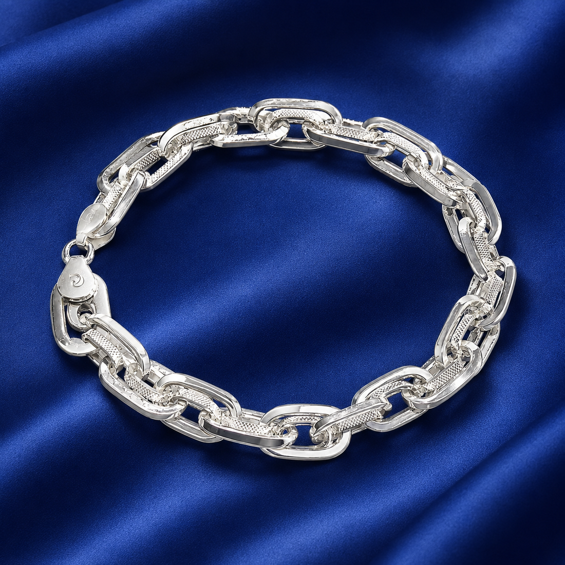 925 Sterling Silver Men's Double Textured Interlocking Link Bracelet (22 cm)