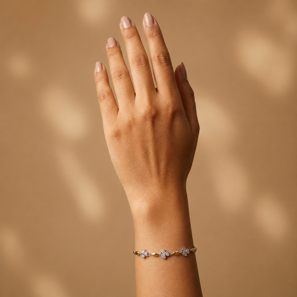 Silvme 925 Sterling Silver Two-Tone Floral CZ Bracelet for Women | White & Gold Leaf Link Bracelet