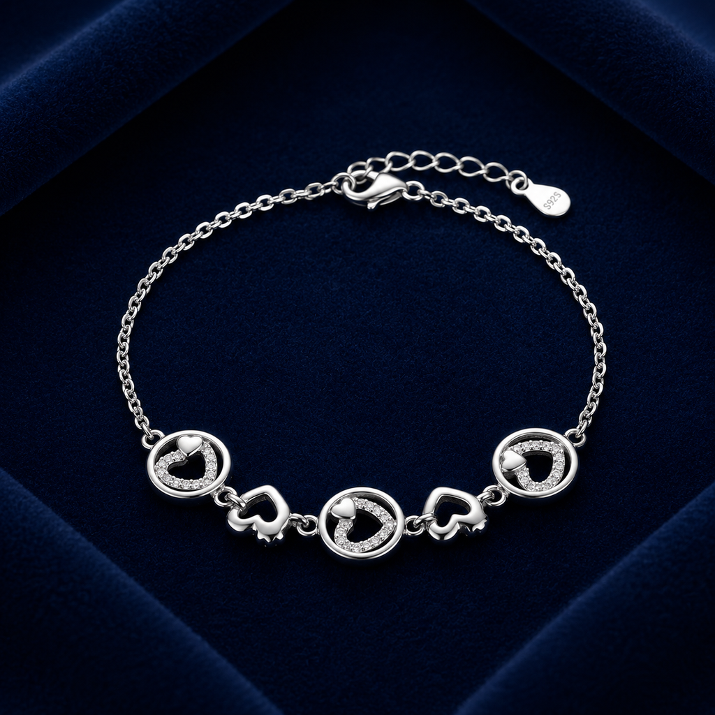 Silvme 925 Sterling Silver Heart & Charm Bracelet Set for Women | Adjustable Dainty Designer Bracelet