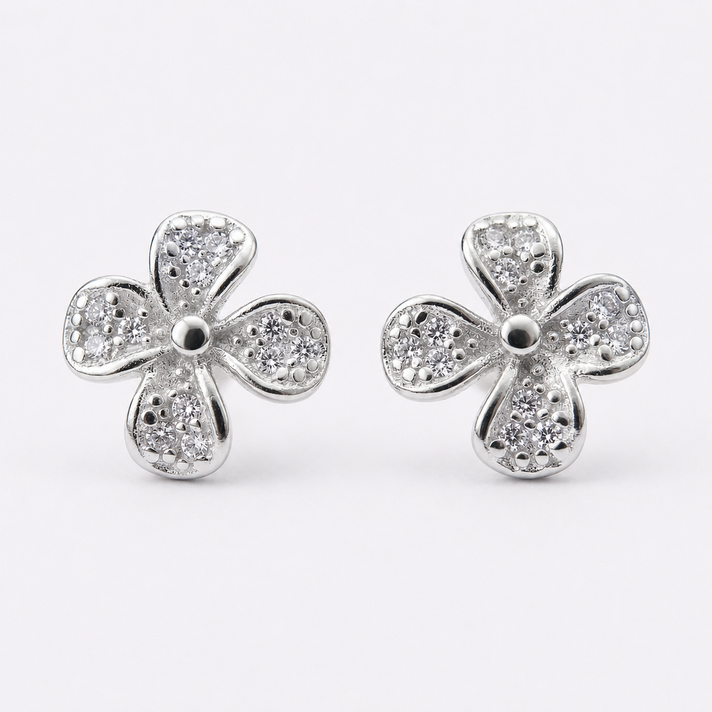 Silvme Pure 925 Sterling Silver Four-Petal Floral Clover CZ Stud Earrings