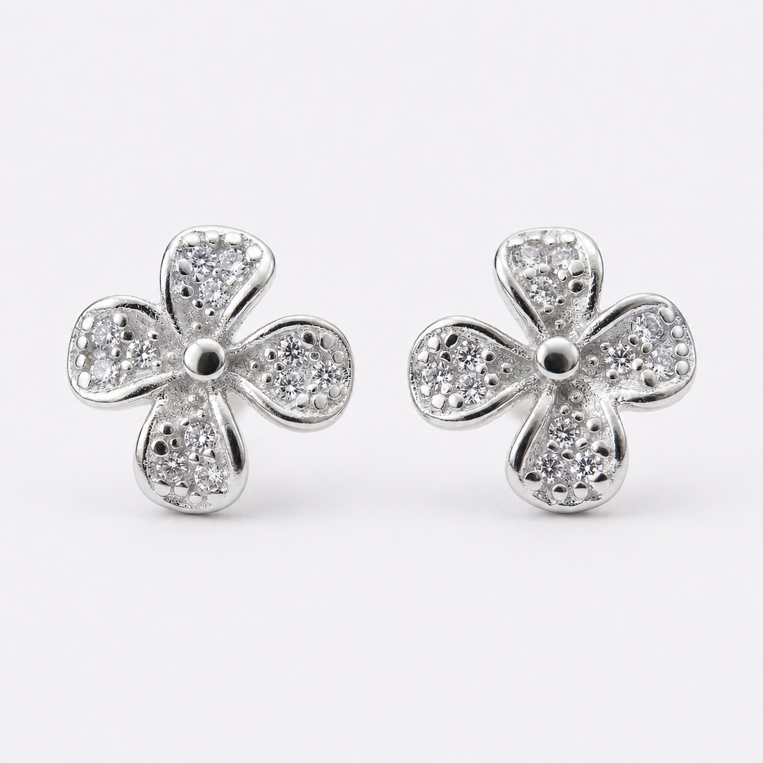 Silvme Four-Petal Floral Clover CZ Stud Earrings accented with sparkling cubic zirconia, crafted in 925 sterling silver for women