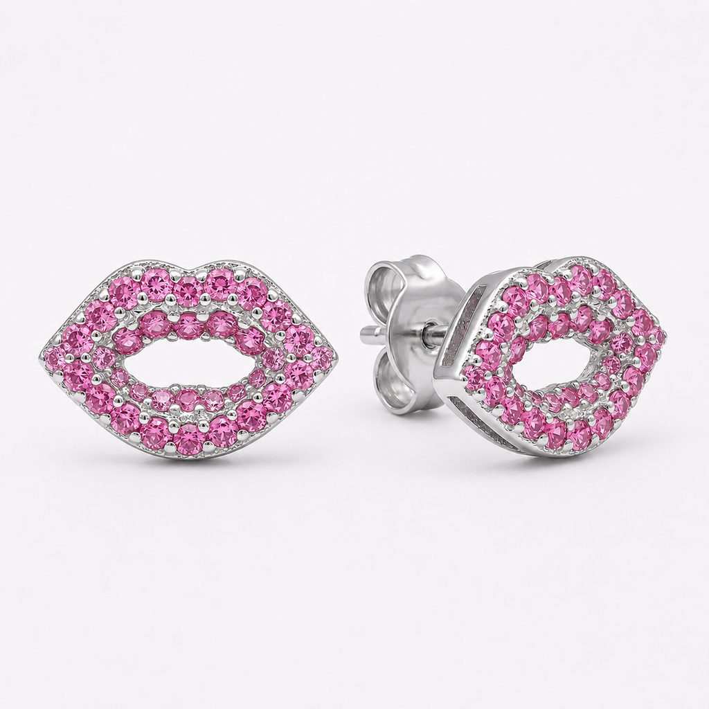 Silvme Pure 925 Silver Lip Kiss CZ Pavé Stud Earrings - Bold Fashion Studs for Women