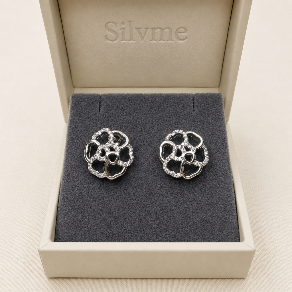 Silvme Pure 925 Silver Open-Petal Camellia CZ Stud Earrings - Pavé Set for Women
