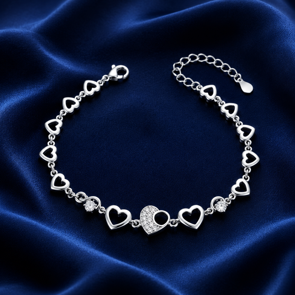 Silvme 925 Sterling Silver Heart Link Charm Bracelet for Women | Dainty Adjustable Romantic Bracelet
