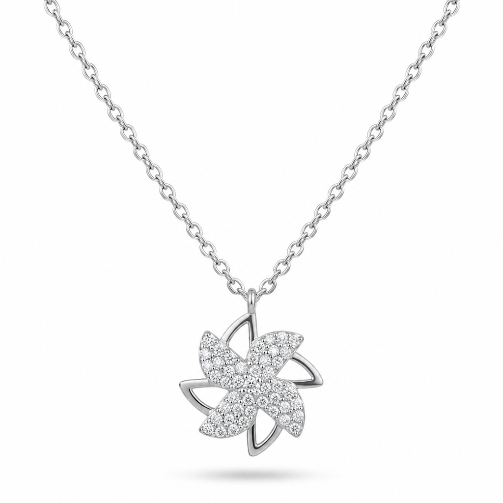 Silvme Pure 925 Sterling Silver Pinwheel Flower Pendant Necklace for Women & Girls