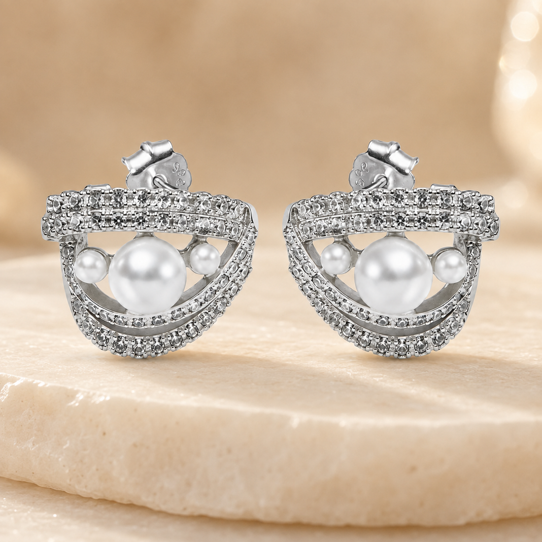 925 Sterling Silver Trio Pearl & Pavé Crescent Stud Earrings
