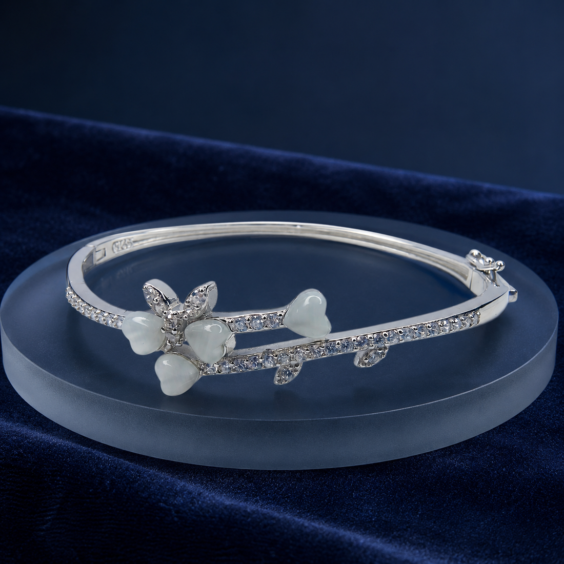 925 Sterling Silver Pearlescent Floral Branch Hinged Bangle