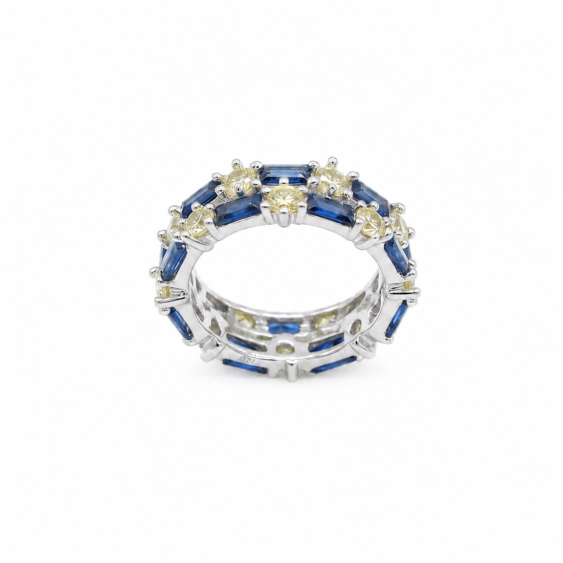 Silvme blue stone stackable 925 sterling silver ring for women with brilliant blue stones with gold-tone detail