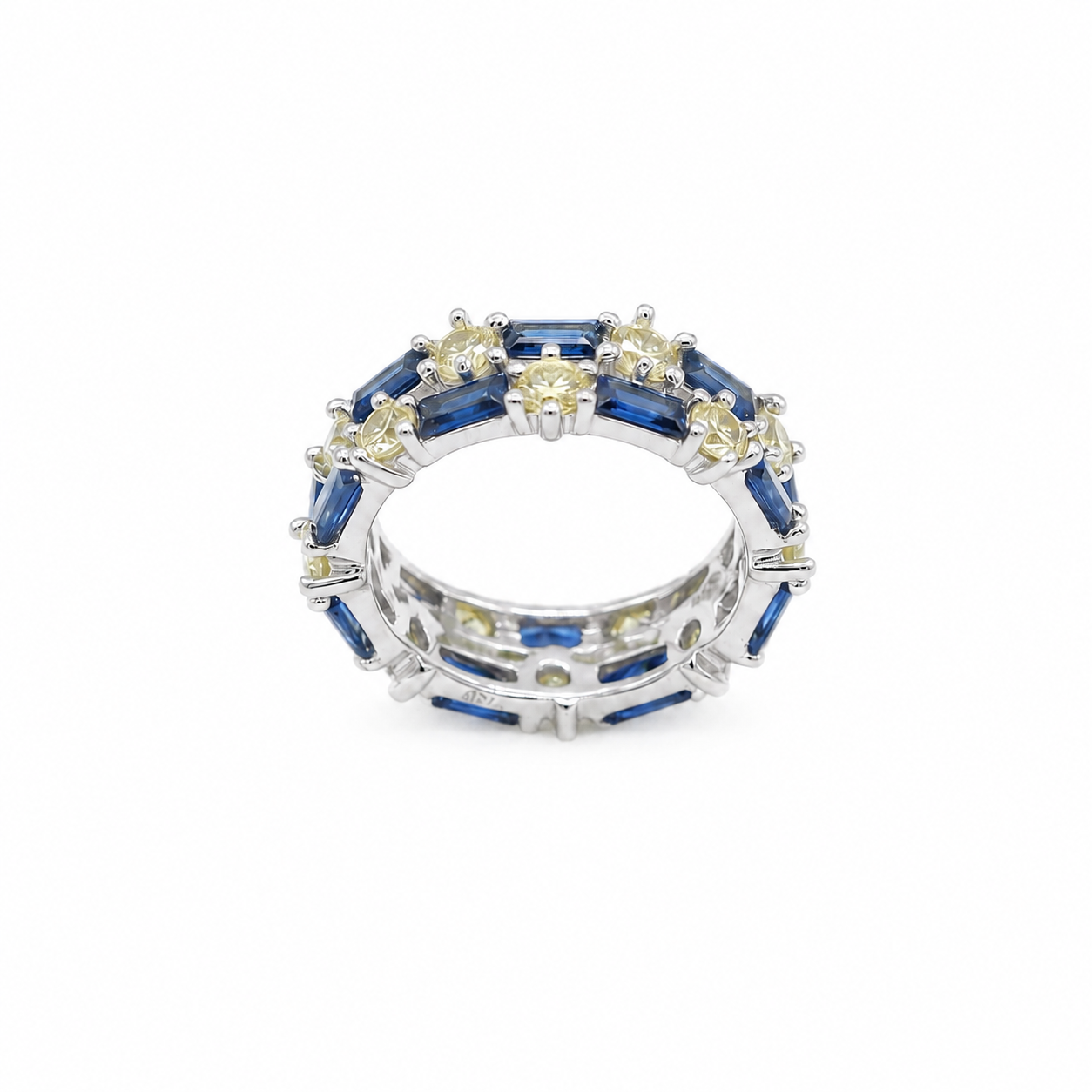 Silvme blue stone stackable 925 sterling silver ring for women with brilliant blue stones with gold-tone detail