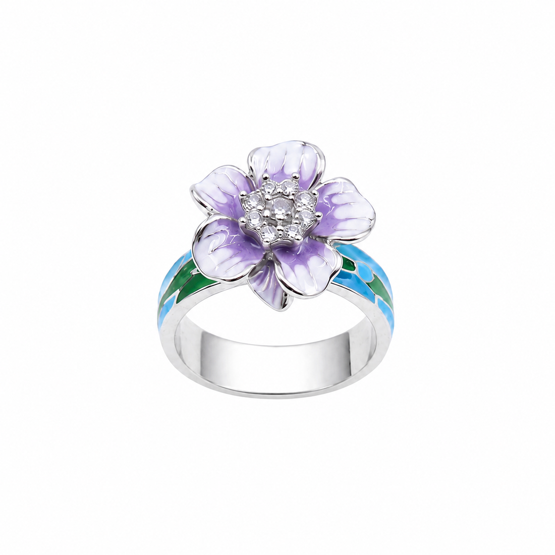 Silvme purple floral 925 sterling silver ring for women with purple petals with green and blue accents
