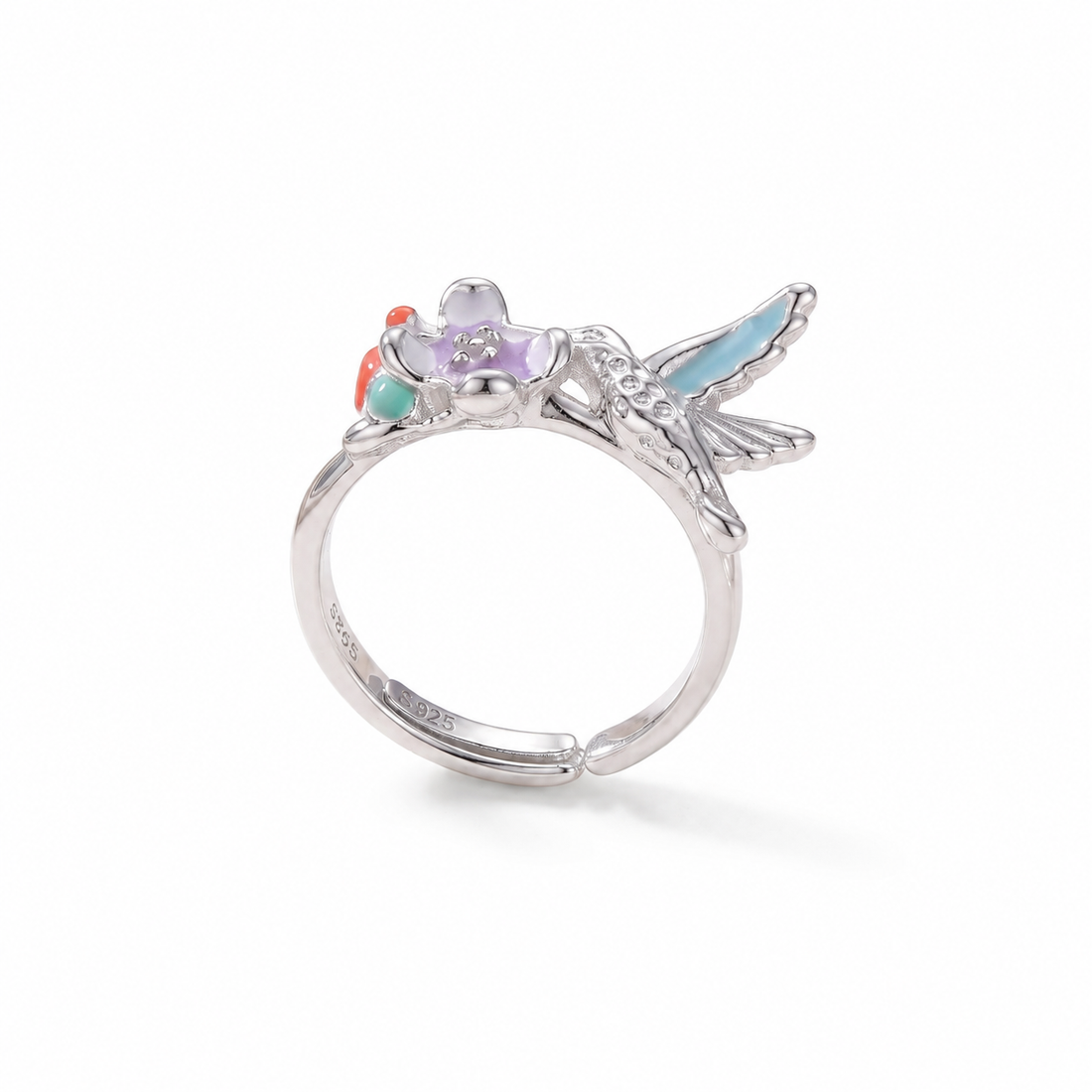 Silvme hummingbird flower 925 sterling silver ring for women with multicolour hummingbird and flower motif