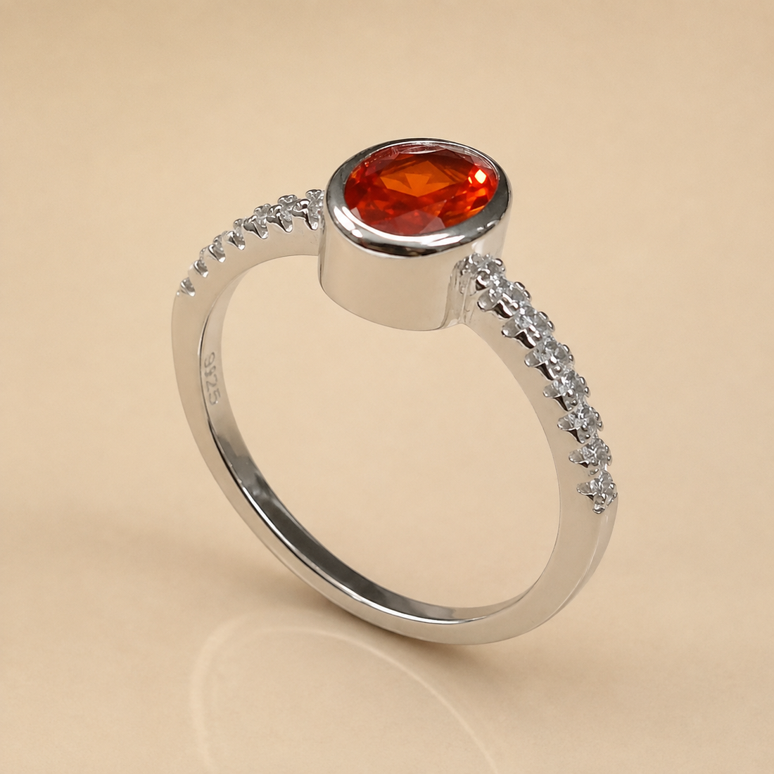 Silvme oval red stone pave 925 sterling silver ring for women with oval red centre stone on a pave-set band