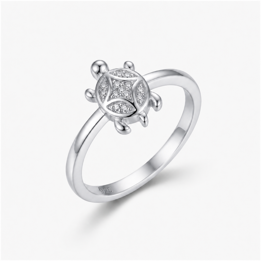 Silvme dainty turtle 925 sterling silver ring for women with neat oval stone-set shell on a fine band